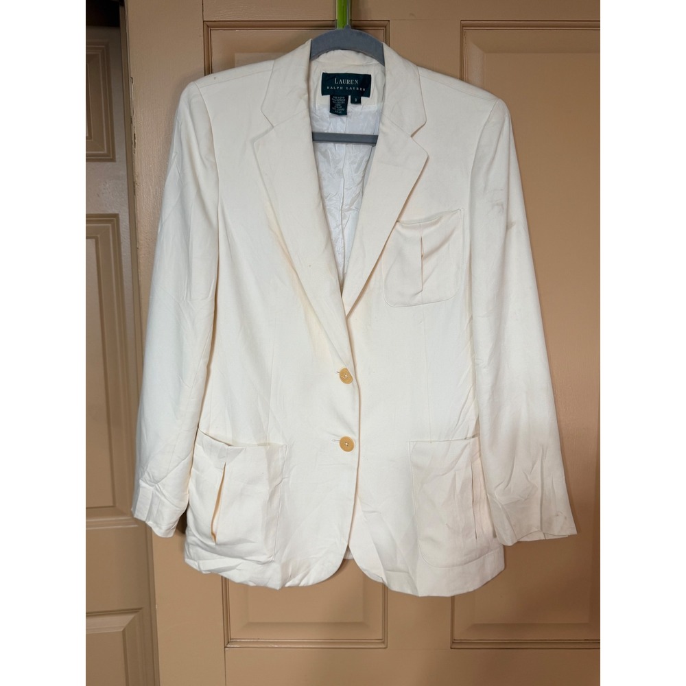 Lauren Ralph Lauren Cream 100% Silk Blazer Jacket Womens Size 8 Ivory 3-Pocket